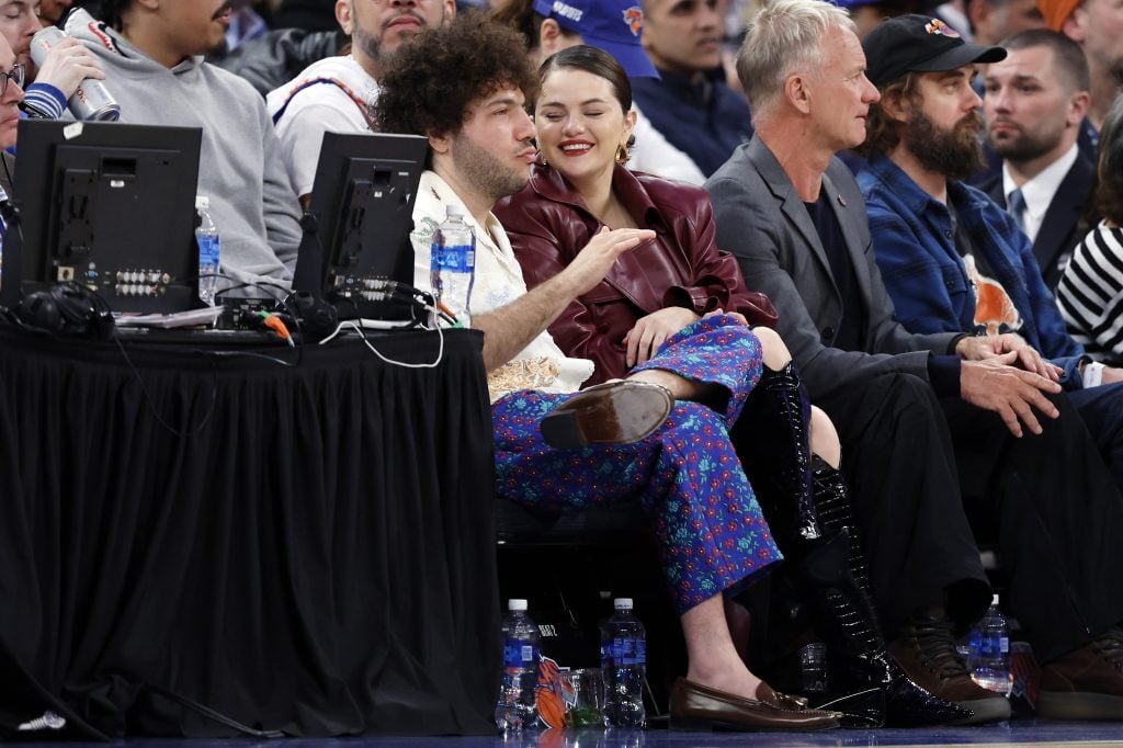 Record producer Benny Blanco and actor Selena Gomez attend the game between the New York Knicks and the Philadelphia 76ers in Game Two of the Eastern Conference First Round Playoffs at Madison Square Garden on April 22, 2024 in New York.