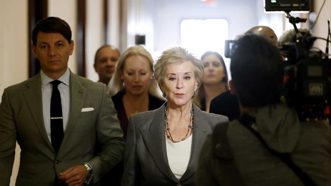 President Donald Trump's nominee to be Secretary of Education Linda McMahon arrives to meet with Sen. Tommy Tuberville (R-AL) in the Russell Senate Office Building on Dec. 9, 2024.