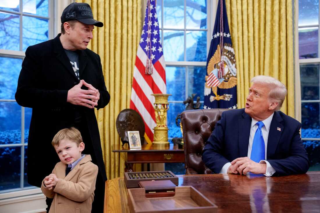 President Trump is joined by Tesla and SpaceX CEO Elon Musk, and his son, X Musk, during an executive order signing in the Oval Office at the White House on Tuesday.